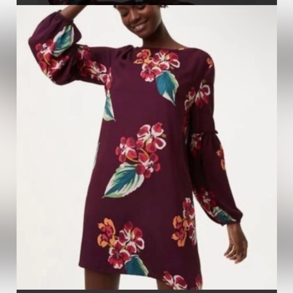 LOFT Plum Floral Long-Sleeve Shift Dress with Teal & Pink Accents